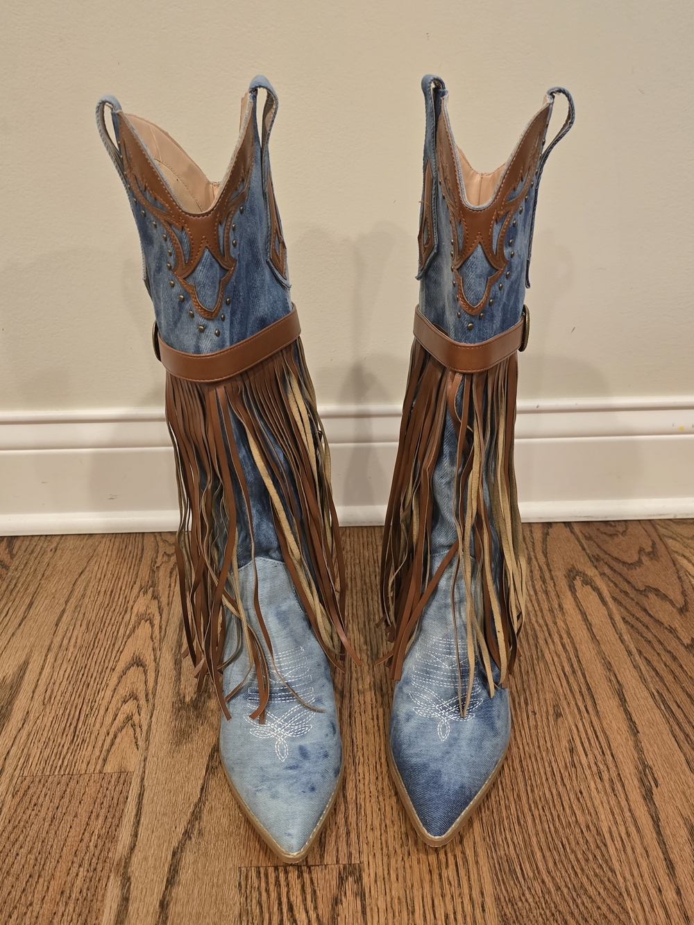 Blue Denim Fringe Western Knee Boots - Women's - Picture 8 of 11